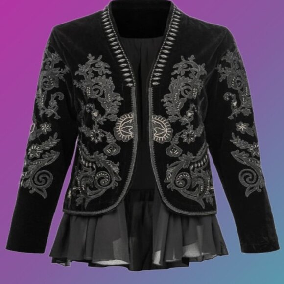 Fantasy Chiffon Ruffles Floral Embroidered Beading Black Velvet Jacket Sz M - Picture 9 of 10